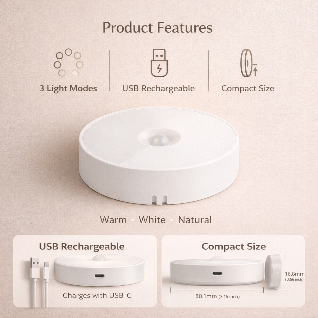 Motion Sensor LED Night Light – USB Rechargeable Under Cabinet Light (3 Colors)